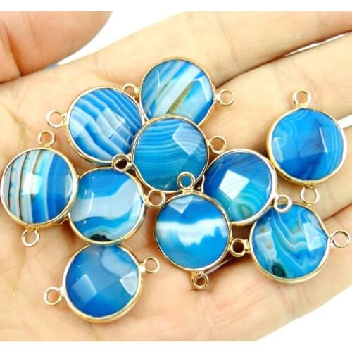 Natural stone blue stripes Quartz Crystal Faceted Bracelet Gold Connector pendant for diy jewelry making Necklaces12pcs A3