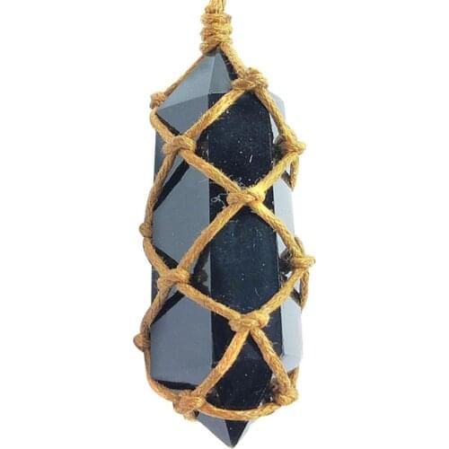 Natural Obsidian Crystal Quartz Crystal Column Pendant Handmade Healing Gemston Wand Reiki Hangings Double-ended Quartz Stone