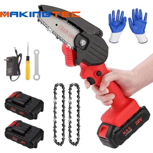 MAKINGTEC 28V 1000W 4 Inch Mini Electric Chain Saw With 2 Battery Rechargeable Garden Power Tools One-handed Woodworking Pruning