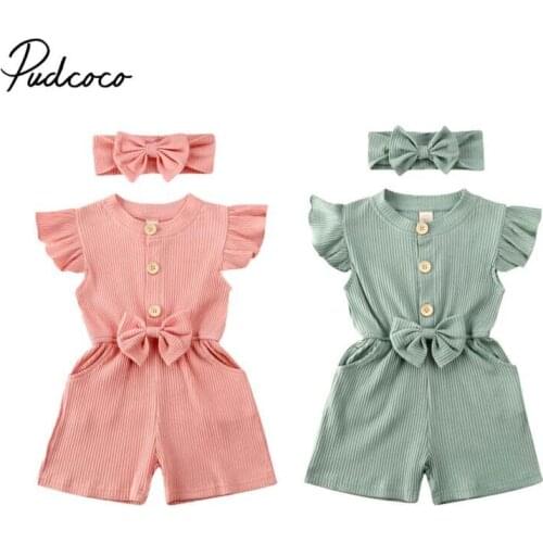 Pudcoco Kids Baby Girl Ruffle Bowknot Knit Rompers Sleeveless Jumpsuit Headband 1-5T Toddler Girls 2PC Summer Solid Color Outfit