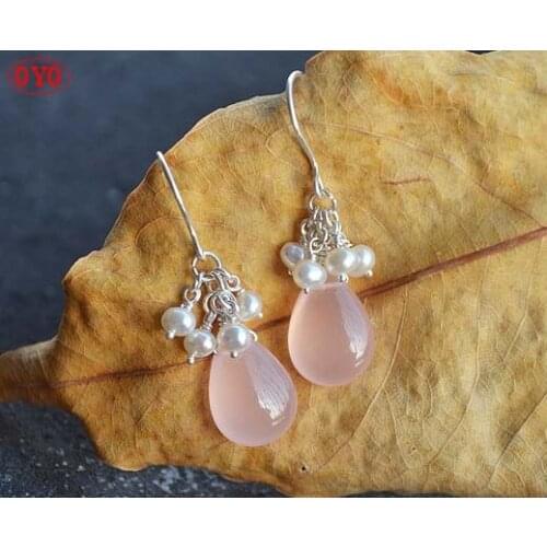 Handmade custom natural flat drop-shaped pink chalcedony mid-length 925 sterling silver earrings