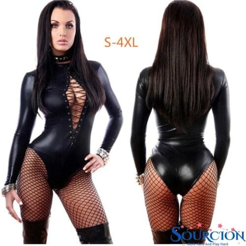 Sourcion Erotic Sexy Latex Bondage Bodysuit Sexi Teddy Lingerie Women Jumpsuit Clothes Leather Catsuit Dress for Sex Body Suits