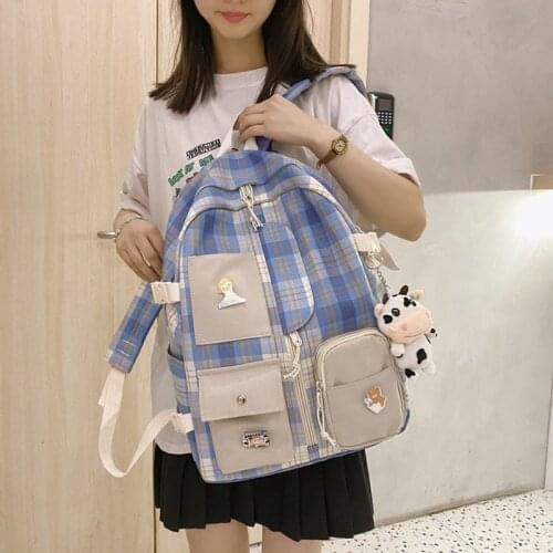 School Backpack Plaid Korean Trend Womens Students Backpacks for Girls Teenager Schoolbag Large Capacity Travel Female Bags