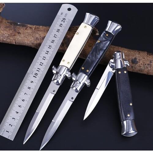 Damascus Steel 58HRC Exquisite Stiletto Folding Knife Camping Pocket Knife 7Cr13 Steel Ebony Tactical Survival Flip Knives EDC