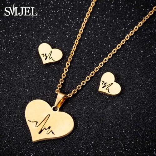SMJEL Fashion Jewelry Set Silver Color Lifeline Heartbeat Necklace Stainless Steel for Women Simple Heart Earings Doctor Gifts