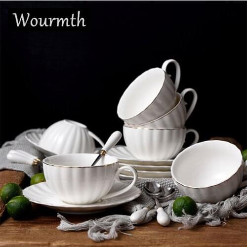 Wourmth European Pure White Coffee Cup Sets 220ml Ceramic Pumpkin Gold Rim Tea Cups And Saucers Office Drinkware Nice Gift