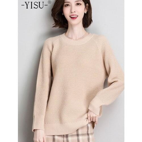 YISU Winter Women Sweater Solid color O-Neck Female Simple Jumper Casual Loose Long sleeve Knitted pullover Warm Winter tops