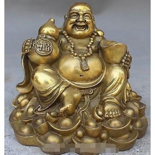 YM 317 6" China FengShui Wealth YuanBao Bronze Brass happy smile Maitreya Buddha Statue