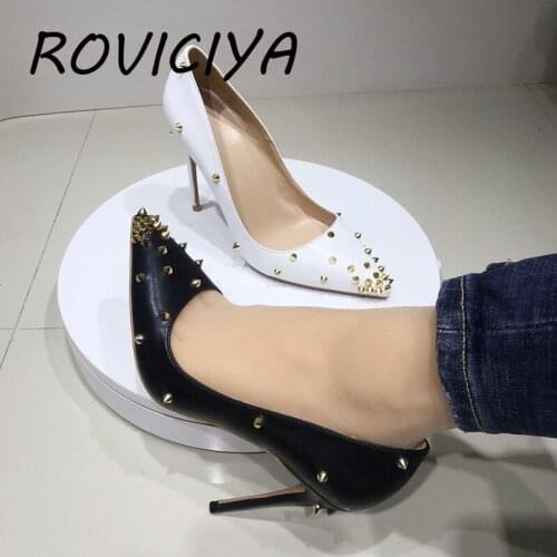 Nude rivet 10cm high heels PU leather needle tip rivet high heel womens shoes 12cm banquet shoes Party shoes MD030 ROVICIYA