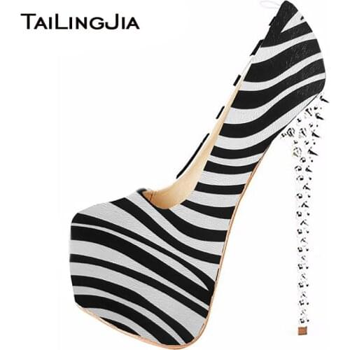 Womens Zebra Stripper Heels Shoes Woman Ultra High Heel Pumps Studded Sexy Platform Shoe Round Toe Ladies Spikes Heeled Footwear