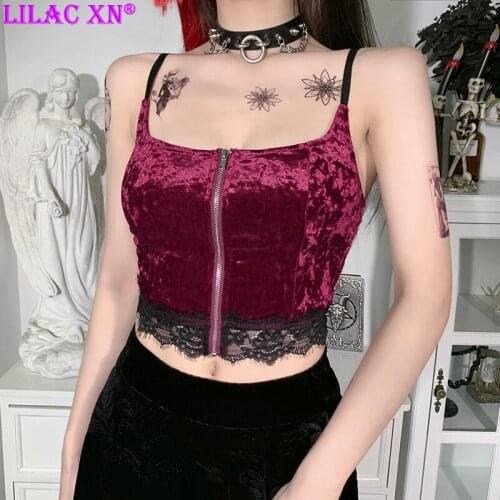 Sexy Velvet Zipper Corset Crop Top Camis Goth Elegant Aesthetic Black Lace Trim Basic Top for Girls Vintage Women Summer Clothes