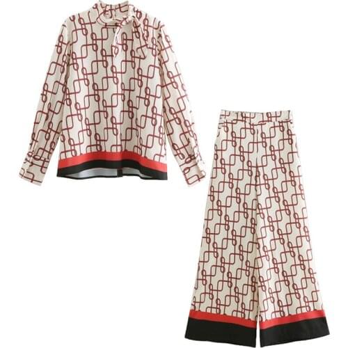 Set female 2019 spring and autumn small sexy slim fashion suit bow print blouse casual wide leg trousers temperament women