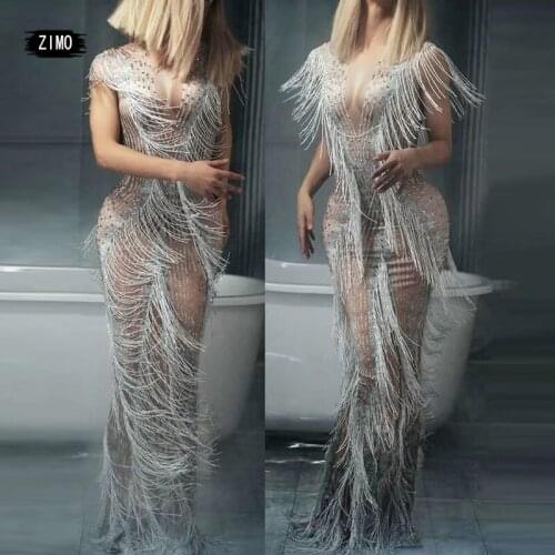 Fashion Long Tassel Rhinestone Dress Women Birthday Party Bodycon Dress Club Bar Singer Show Stage Dance Costume Designer New