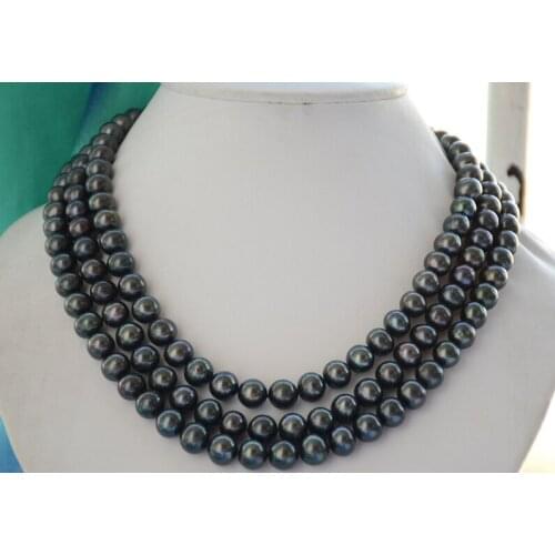 Wedding Woman Jewelry 3 Rows 10mm AA Black Pearl Necklace Natural Freshwater Pearl Handmade Gift
