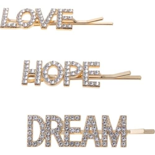 32CE 3Pcs/Set Ladies Girl Minimalist Style Hair Clips Metal Alloy Pretty LOVE HOPE DREAM Glitter Rhinestone Hairpins Wedding