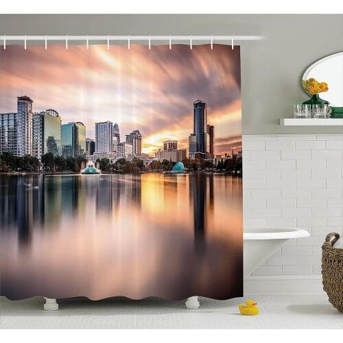 American Shower Curtain USA Florida Downtown City Skyline View from The Lake Foggy Scenic Panorama Bathroom Curtains Home Decor