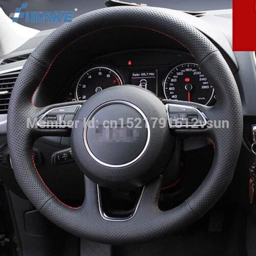 For Audi Q5 High Quality Hand-stitched Anti-Slip Black Leather Red Thread DIY Steering Wheel Cover