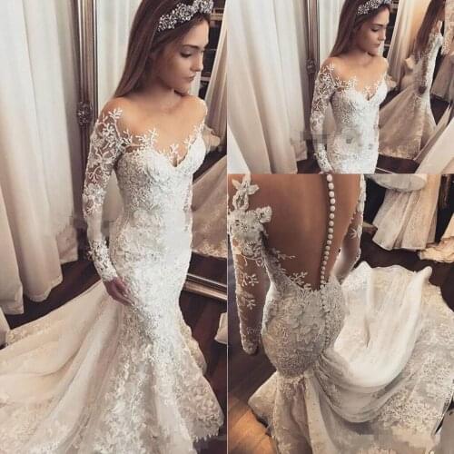 Robe The Marriage Mermaid Wedding Clothes Longarm Jewel Neck Sheer Top Applique 3D Flowers Pearls dish Zug Plus Size