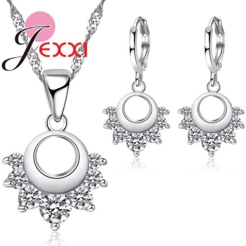 Vintage Hollow Out Round Shape 925 Sterling Silver Necklace Earring Set With Shiny 7 Pcs Clear Crystal Bridal Jewelry Set