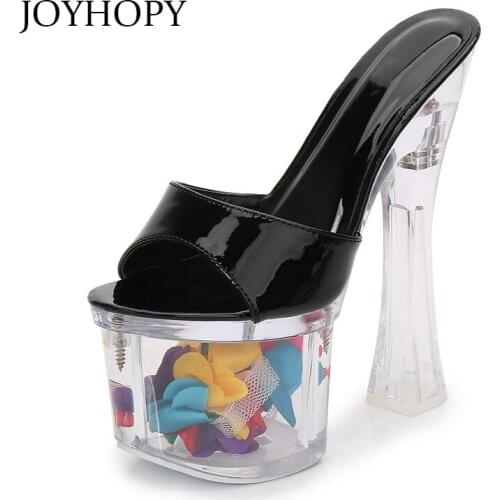Summer 17cm Crystal Thick Heel Gladiator Sandals Women Flower Super High Heels Shoes Ladies Anti-Skid Platform Slippers WS0026