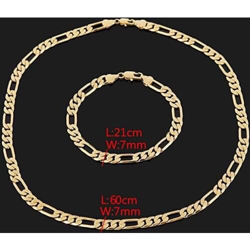 Solid Yellow Gold Filled Mens Womens Chain Bracelet Set of Figaro Chain Necklace Bracelet Set