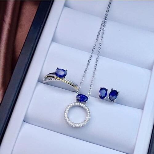 Fashion simple Round Natural blue sapphire S925 silver ring earrings Pendant natural gemstone Jewelry Set girl birthday gift