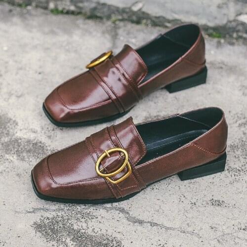 2021 new single shoes womens spring metal square head wind small leather shoes fashion comfortable thick heel grandma shoes