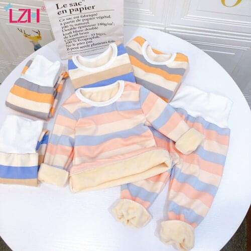 LZH 2021 Autumn Winter Kids Baby Girls Boys Pajamas For Girls Plus Velvet Warm Striped Pajamas Children Casual Homewear Home Set