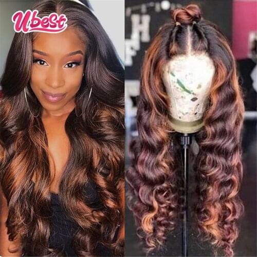 Ubest Highlights Body Wave Human Hair Wigs Brazilian Lace Front Wig Transparent Lace Wigs for Black Women Pre Plucked 30 Inches