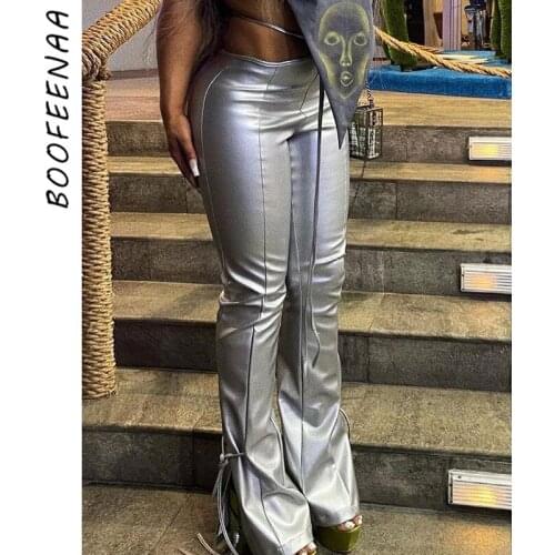 BOOFEENAA Sexy Lace Up PU Leather Pants Streetwear 2021 Fall Clothes for Women Flare Pants Black Trousers Wholesale C15-EZ32