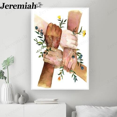 Modern Abstract United Hands Poster Black White Yellow Skin Flower Wall Art Room Decoration Accessories