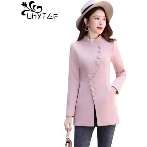 UHYTGF Fashion Autumn Winter Wool Coat Women Small Fragrance Quality Short Woolen Coat Women Pure Color Wild Slim Tops Jacket948