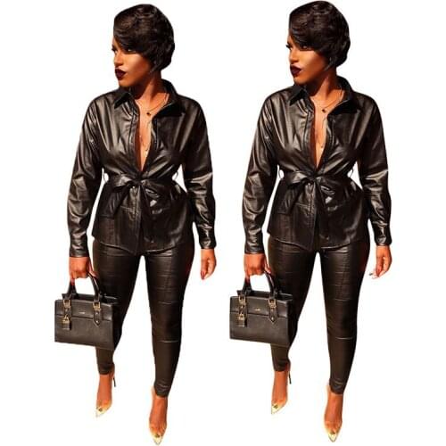 In Stock fashion casual turn-down collar PU leather blouse and pant 2 piece set women clothing