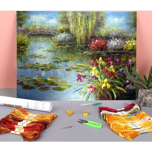 Landscape Flower Printed Water-Soluble Canvas 11CT Cross-Stitch DIY Embroidery Kit DMC Threads Needlework Hobby Stamped