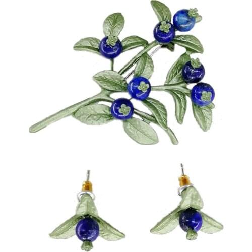 Yhj lacquer green leaf blueberry flower synthetic lapis lazuli s925 needle earring lady Brooch