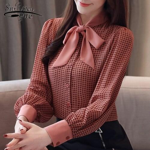 Womens Tops And Blouses Long Sleeve Women Shirts Fashion Bow Collor Office Blouse Women Plaid Chiffon Shirt Female Top 2413 50