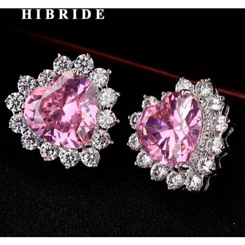 HIBRIDE New Fashion Heart Shape Colorful Cubic Zircon Stud Earrings For Women Bridal Brincos Hot Sale E-909