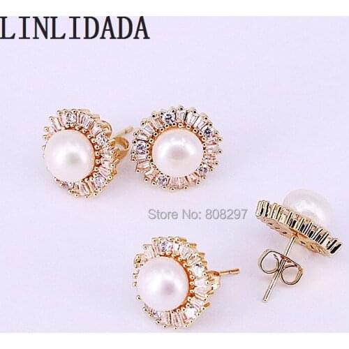 8Pair Gold Color Latest round design CZ Micro Pave pearl stud earrings for women wedding party jewelry
