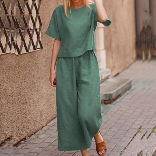 Summer Office Lady Elegant Short Sleeve Outfit Women Solid Cotton Linen Two Piece Sets Casual O Neck Tops + Wide Leg Pants Suits