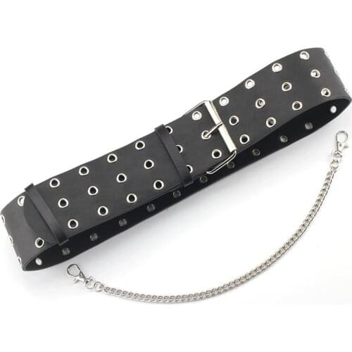 Women wide Leather waist corset female Fashion punk style three row hole pin buckle Belt Chain ladies dress waistband accessory