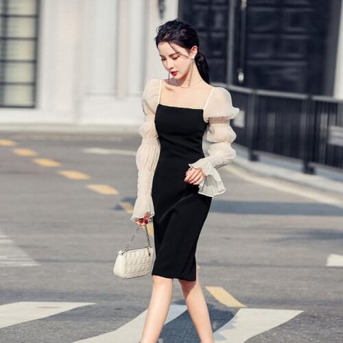 Women spring Autumn Temperament Dress Mid-length Net yarn Splice Long sleeve Backless Dress Women Party Dress 2021 black dress