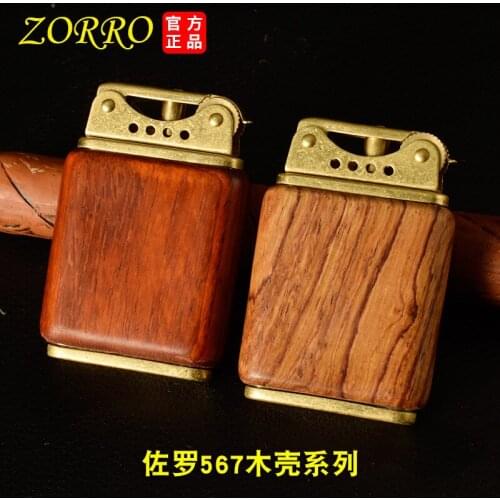Zorro sandalwood retro kerosene open flame grinding wheel lighter old nine door creative brass gift smoking set