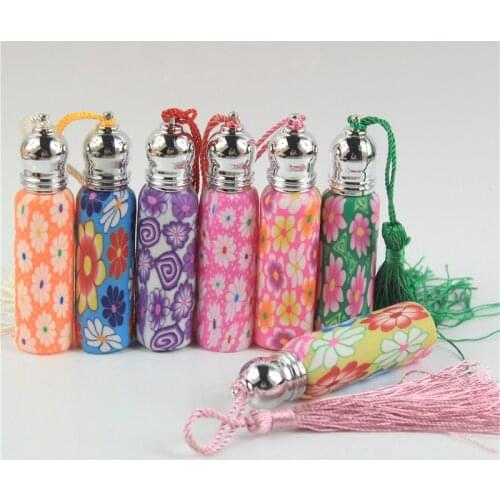 100pcs/lot 6ml&10ml Fimo Roll on Glass Essential Oil Bottle Applicator Polymer Clay Stained Decoration Metal Cap with Tassel