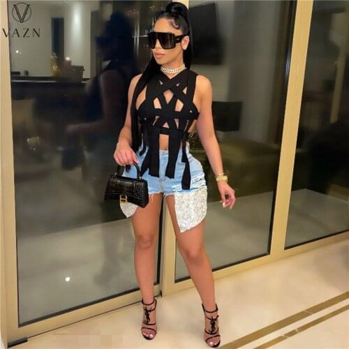 VAZN 2021 Top Quality Special Sexy Club Open Solid Hollow out Asymmetrical Young Free Tank Sleeve Fashion Women Slim Tees