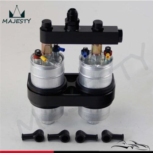 2x 044 High Flow External Fuel Pump + Dual Bracket & Out Manifold AN6