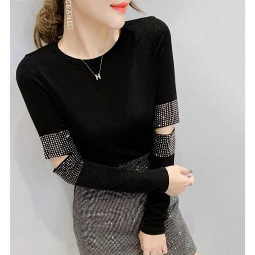 #5610 Black Brown Casual T Shirt Women Cotton Long Sleeved Diamonds Holes Basic T-shirt Femme Slim O Neck Sexy Spring Autumn