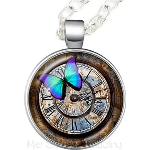 Antique Clock & Fashion butterfly combination Necklace Glass Cabochon Go In Graduation Gift The Direction Of Your Dreams