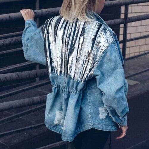 Spring Sequin Denim Jacket Oversized All Match Jean Jacket Women Waist Drawstring Long Sleeve Handmade Sequins Tassel Jeans Coat