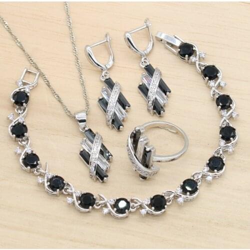 Classic Wedding Silver Color Jewelry Sets For Women Bracelet Earrings Pendant Necklace Ring Black Cubic Zircon Christmas Gift