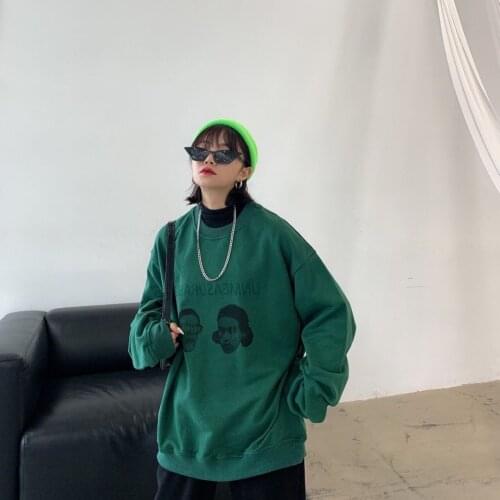 2021 New Y2K National Tide Hong Kong Style Couple Round Neck Blouse Oversized Hoodie Sweatshirts Loose Retro Ins Printed Sweater